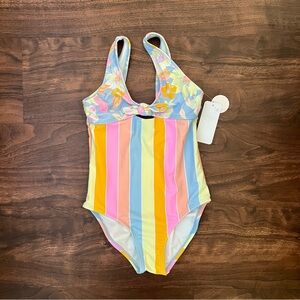 Angel Beach One Piece UPF 50 Swimsuit Stripe Bottom Floral Top Girl’s Size 8 NWT